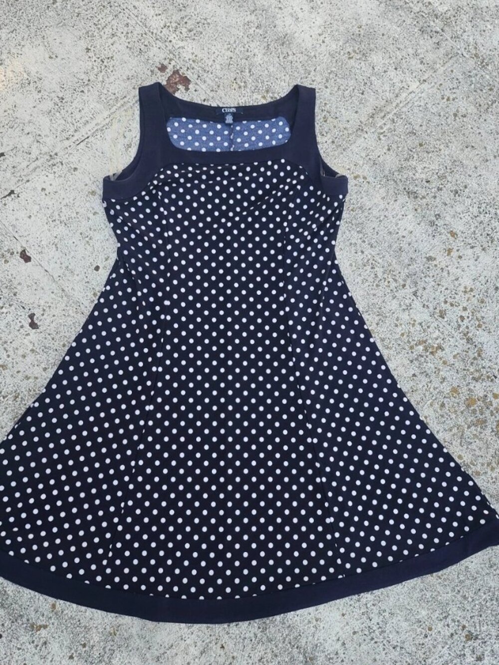 Chaps Women Dress Sleeve Less Polka Dot Navy Blue Fit and Flare Dress Size L/G - Picture 2 of 12